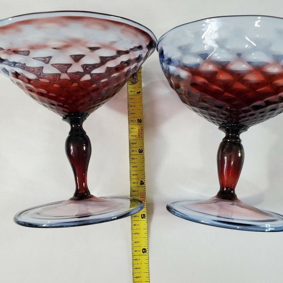 2 Handblown Diamond Optic Blue Red Champagne Coupes quilted footed sherbet - Picture 10 of 12
